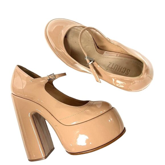 SCHUTZ Zayne Mary Jane Heels Size 7.5 Platform Chunky Pump Patent Pressego Tan - Picture 8 of 16